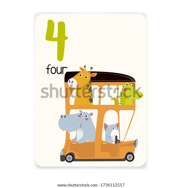 Baby learning cards with animals. Educational for\
children. Number four with giraffe, alligator, cat, hippopotamus.\
Cute animals traveling by\
car.