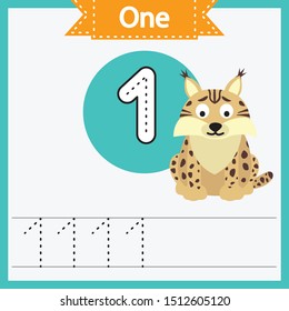 Baby learning cards with numbers and animals. Learning to count and to write numbers. Handwriting practice sheet. Educational game for children. Number 1
