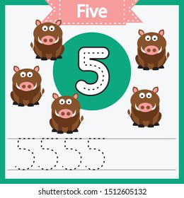 Baby learning cards with numbers and animals. Learning to count and to write numbers. Handwriting practice sheet. Educational game for children. Number 5