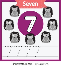 Baby learning cards with numbers and animals. Learning to count and to write numbers. Handwriting practice sheet. Educational game for children. Number 7