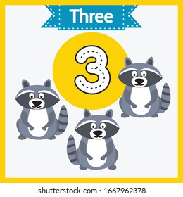 Baby learning cards with numbers and animals. Learning to count and to write numbers. Handwriting practice sheet. Educational game for children. Number 3 with raccoon