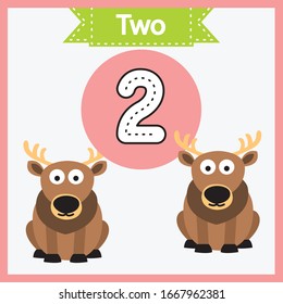 Baby learning cards with numbers and animals. Learning to count and to write numbers. Handwriting practice sheet. Educational game for children. Number 2 with deer