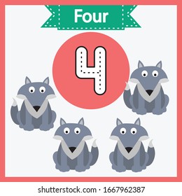 Tarjetas de aprendizaje para bebés con números y animales. Aprendiendo a contar y a escribir números. Hoja de prácticas de escritura a mano. Juego educativo para niños. Número 4 con lobo