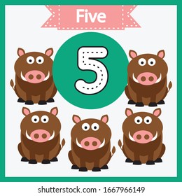 Baby learning cards with numbers and animals. Learning to count and to write numbers. Handwriting practice sheet. Educational game for children. Number 5 with boar