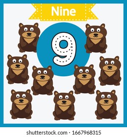 Baby learning cards with numbers and animals. Learning to count and to write numbers. Handwriting practice sheet. Educational game for children. Number 9 with 