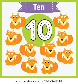 Baby learning cards with numbers and animals. Learning to count and to write numbers. Handwriting practice sheet. Educational game for children. Number 10 with 