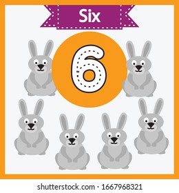 Baby learning cards with numbers and animals. Learning to count and to write numbers. Handwriting practice sheet. Educational game for children. Number 6 with