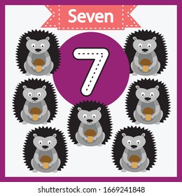 Baby learning cards with numbers and animals. Learning to count and to write numbers. Handwriting practice sheet. Educational game for children. Number 7 with hedgehog