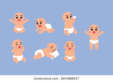 baby is learning to crawl. cute toddler wearing diapers, happy child drink milk from milk bottle, adorable infant cry, newborn sleep with pillow, cute baby character sit and stand illustration