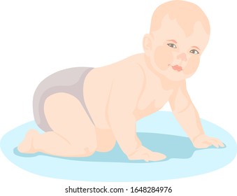 baby learns to crawl. stages of development of children up to one year of age. cute baby crawls on all fours.