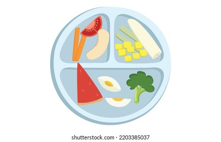 Baby led weaning plate clipart. Baby-led weaning BLW plate full of finger food for kid self-feeding flat vector illustration. Weaning mix vegetables carrot, tomato, banana, apple cartoon style icon