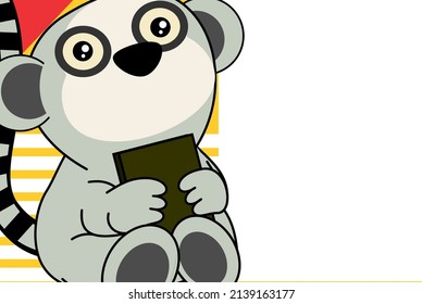 baby lemur character kawaii cartoon sitting holding a book picture frame background in vector format 