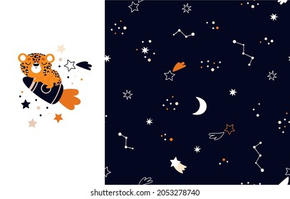 Baby leopard animal on a rocket. The set is an isolated clipart and a seamless pattern with space and stars. Cute print for children's clothes