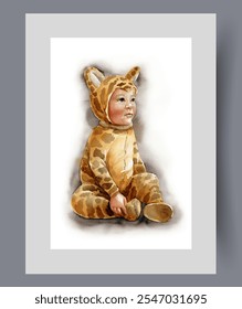 Baby in leopard clothes with spots on body and head sits on floor on print. Watercolor poster. Artwork with carefree baby in wild cat masquerade costume, in frame with decor for wall art