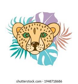 Cabeza de leopardo del bebé sobre un fondo de hojas tropicales ilustraciones vectoriales para imprimir en ropa de bebé, textiles, postal, cubierta, afiche.
