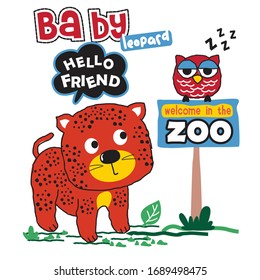 baby leopard playing with owl in the zoo,funny animal cartoon,vector illustration