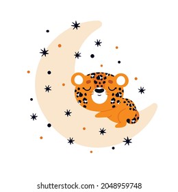 Baby leopard sleeps on the moon. Children's vector illustration