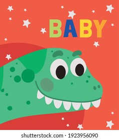 baby lettering and one kids illustration of a dark green dinosaur vector illustration design