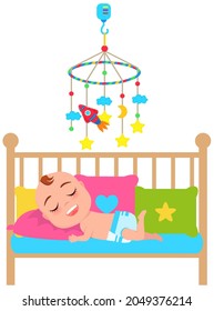 Baby Lies In The Crib And Sleeps. Carousel With Toys And Music For Child Falling Asleep Over Cradle. Baby Falls Asleep To Lullaby In His Bed. Baby Cot, Piece Of Furniture For Kid With Toys And Music