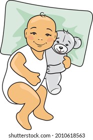 The baby lies on a pillow and hugs a teddy bear. Vector