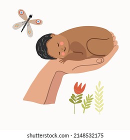 The baby lies and sleeps on the palms, flowers, butterfly, nature, vector illustration.