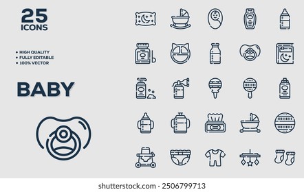 baby life line icons, childhood , child child care, international children day, kid rights, parenthood. Outline icon collection. Editable stroke. Vector illustration on white background editable