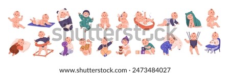 Baby life set. Early childhood development. Cute infant activities. Little child bathing, crawling, playing, sleeping. Happy toddlers, small kids. Flat vector illustration isolated on white background