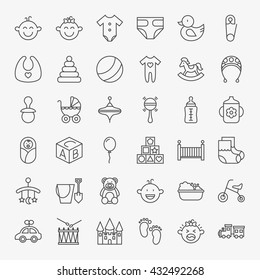 Baby Line Art Design Icons Big Set. Vector Set of Modern Thin Outline Child Toys Symbols.