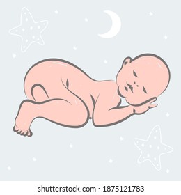 Baby line art. Sleeping baby drawn in outline style. Baby shower isolated template. Vector illustration. Cute little baby boy.