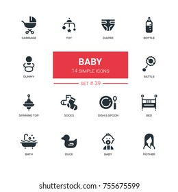 Baby - line design icons set. Everything about maternity and kids. Carriage, toy, diaper, bottle, dummy, rattle, spinning top, socks, dish, spoon, bath, duck, bed, baby, mother