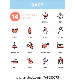 Baby - line design icons set. Everything about maternity and kids. Carriage, toy, diaper, bottle, dummy, rattle, spinning top, socks, dish, spoon, bath, duck, bed, baby, mother