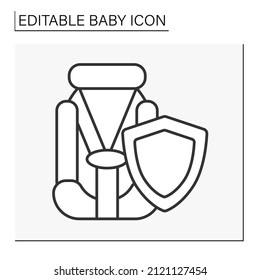  Baby line icon. Baby automobile seat to protect child during car driving. Protect shield.. Childhood concept. Isolated vector illustration. Editable stroke