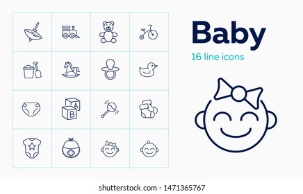 Baby line icon set. Diaper, teddy bear, crib. Child care concept. Can be used for topics like toys, nursery, children room