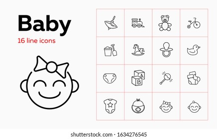 Baby line icon set. Diaper, teddy bear, crib. Child care concept. Can be used for topics like toys, nursery, children room