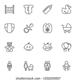 Baby line icons set. linear style symbols collection, outline signs pack. vector graphics. Set includes icons as crib bed, diaper, milk bottle, pram, teddy bear, family, newborn baby, pregnancy, child