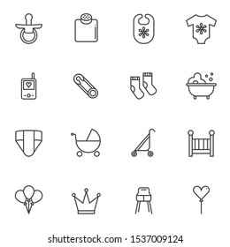 Baby line icons set. linear style symbols collection, outline signs pack. vector graphics. Set includes icons as pacifier, diaper, romper suit, pram, crib, baby monitor, socks, bib, air balloons, seat