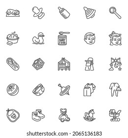 Baby line icons set. linear style symbols collection, outline signs pack. Infant newborn baby vector graphics. Set includes icons as boy and girl, milk bottle, clothing, teddy bear toy, feeding chair