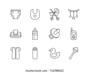 Baby line icons set with nappy, bib, stroller, toys, tissue paper, milk bottle, pacifier, romper, rubber duck, powder.