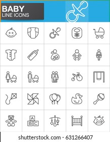 Baby line icons set, outline vector symbol collection, linear style pictogram pack. Signs, logo illustration. Set includes icons as baby face, pacifier, nappy, crib, family, father, mother, bicycle