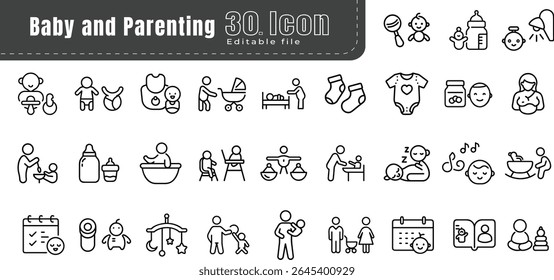 Baby Line Icons set. Pixel Perfect. Editable Stroke. For Mobile and Web. Contains such icons as Baby, Stroller, Pregnancy, Milk, Childbirth, Teat, Parenting, Duck Toy, Bed.