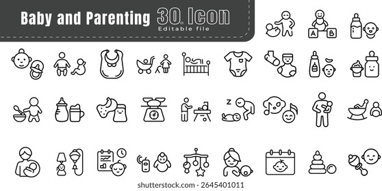 Baby Line Icons set. Pixel Perfect. Editable Stroke. For Mobile and Web. Contains such icons as Baby, Stroller, Pregnancy, Milk, Childbirth, Teat, Parenting, Duck Toy, Bed.