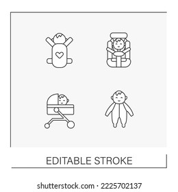 Baby line icons set. Baby products. Treatment, toys and present for kids. Childhood concepts. Isolated vector illustrations. Editable stroke