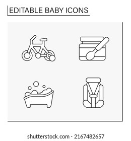 Baby line icons set. Baby products.Things for dream, travel, comfort and care. Childhood concepts. Isolated vector illustrations. Editable stroke