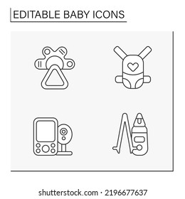 Baby line icons set. Baby products.Things for dream, travel, comfort and care. Childhood concepts. Isolated vector illustrations. Editable stroke