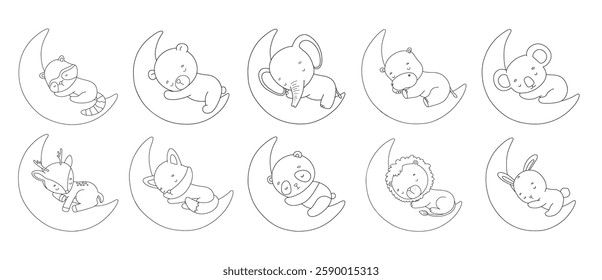 Baby lion, bunny and bear sleep on moon, vector line illustrations set for coloring book. Safari and woodland animals, outline drawing