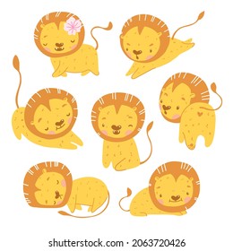 Baby Lion childish vector drawing. Set of cute funny clip art lion in different poses - walking, running, jumping, sitting, sleeping. Various friendly facial expressions. Children illustration. 