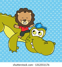 Baby Lion and Crocodile Jump Together illustration - Vector