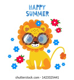 Baby lion cub in glasses and the inscription hello summer. Vector illustration in cartoon childish cute style.