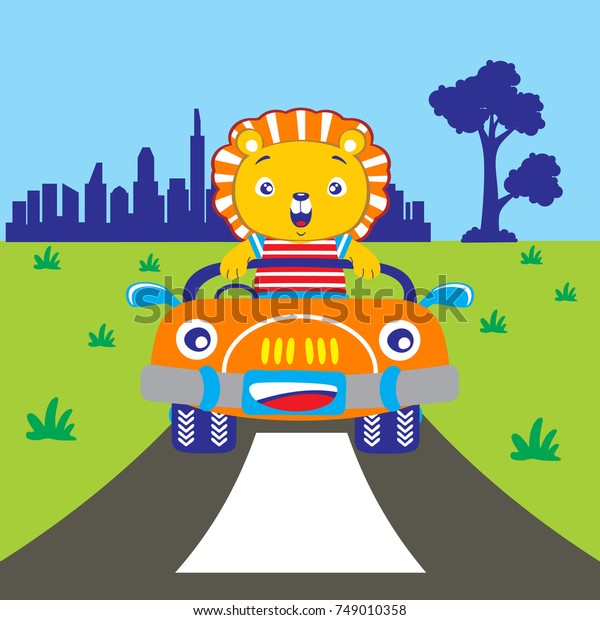 baby lion on the car, cute cartoon vector\
illustration design graphic kids t\
shirt