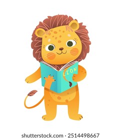 Baby Lion reading a book, cute kids library and school illustration. Study and education graphics for children. Lion animal reading book. Vector cartoon clip art for kids education.